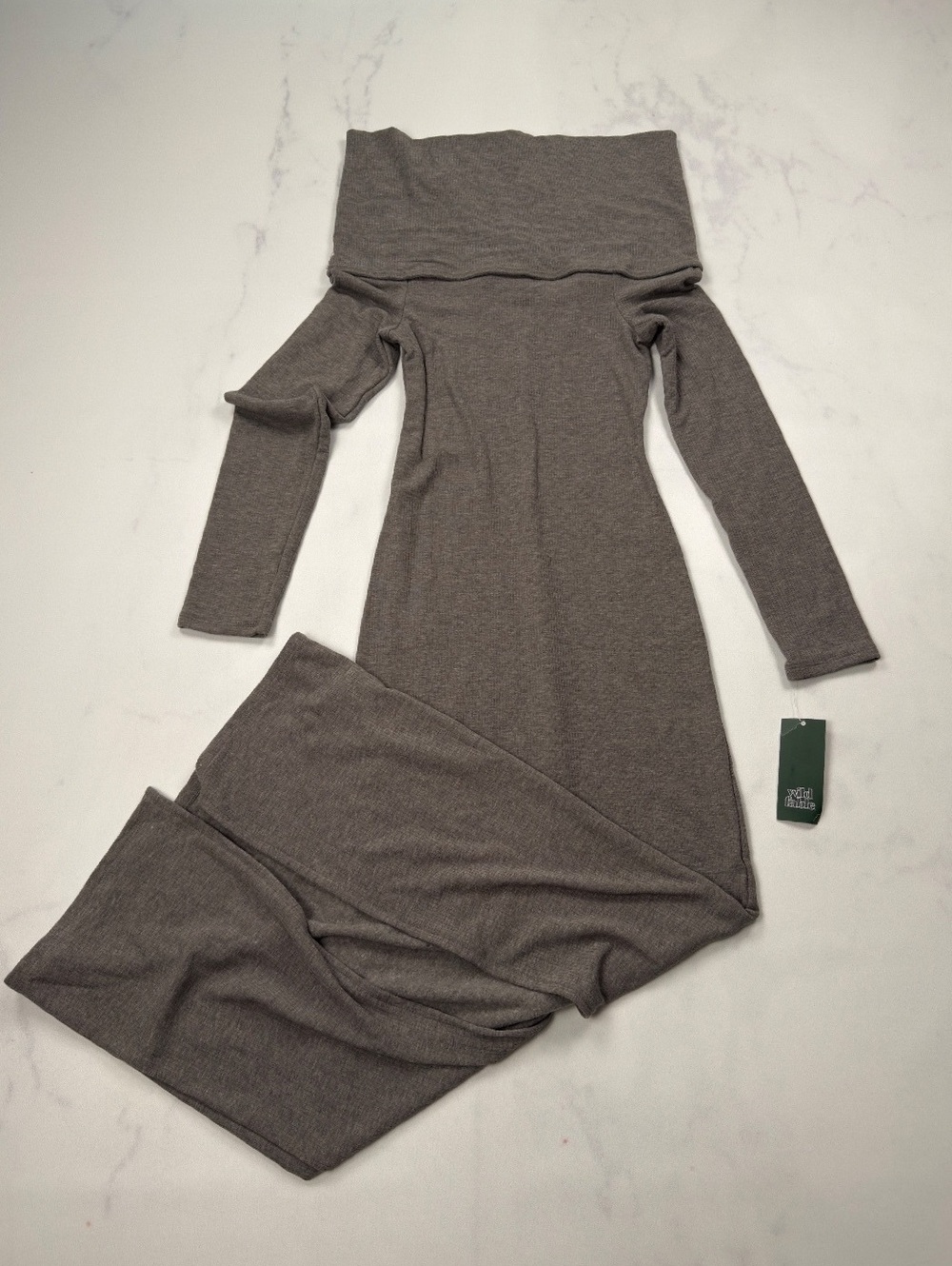 Wild Fable Long Sleeve Maxi Dress Brown Off Shoulder Slit - Womens XS NWT